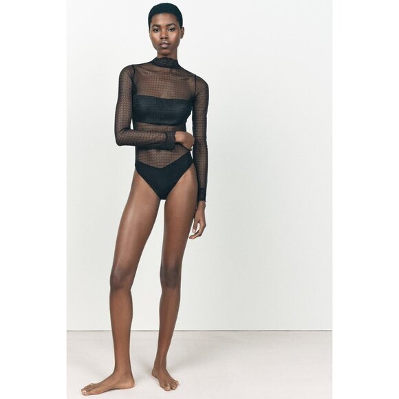 Zara Womens Bandeau Bodysuit Large Black Semi-Sheer High Neck 9014/025 NWT - Picture 1 of 16